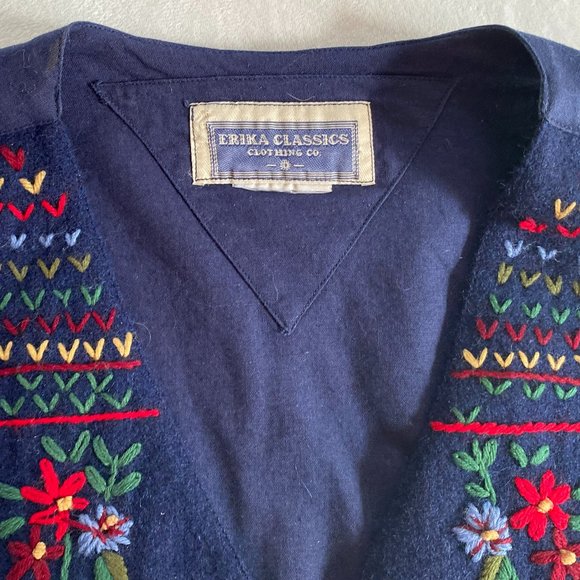 Vintage Embroidered Folk Art Vest Navy Blue Wool Button Up Vest - Picture 14 of 14